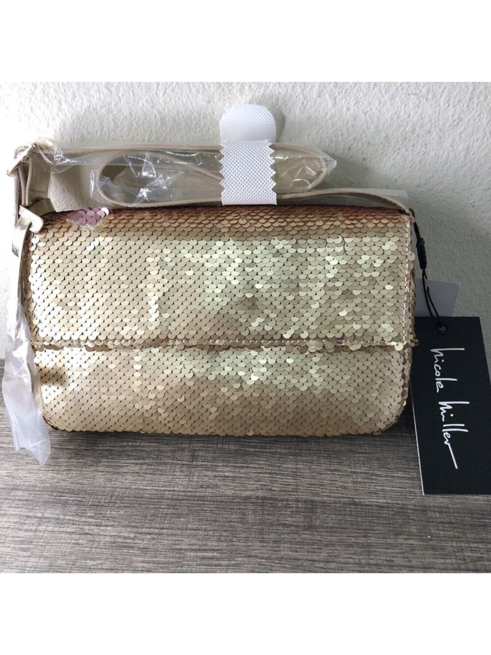 Nicole Miller Gold Mermaid Sequin Strap Crossbody Bag Purse —9 X 5